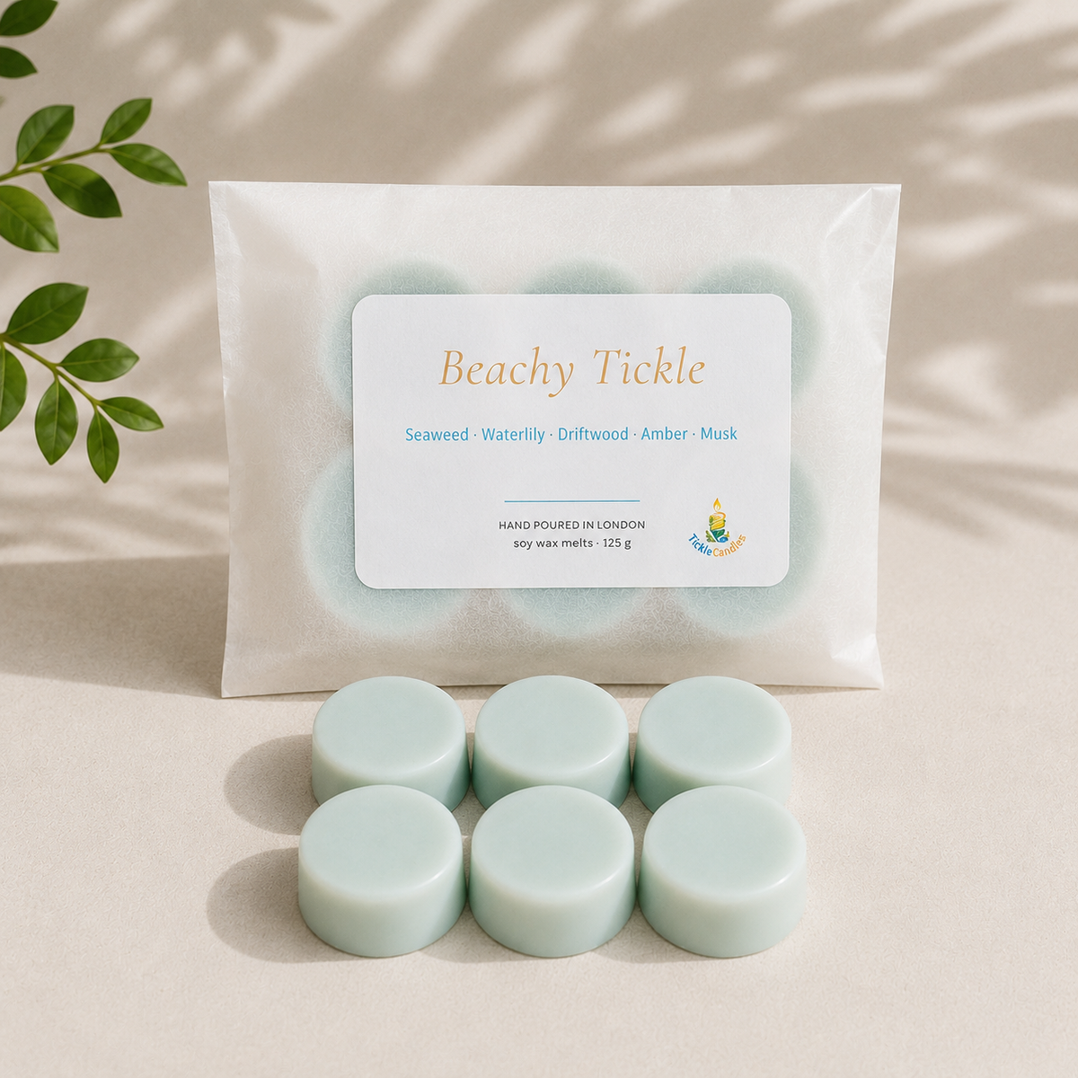 Six pale blue Beachy Tickle 125g soy wax melts arranged in front of their pouch against a sunlit neutral background.