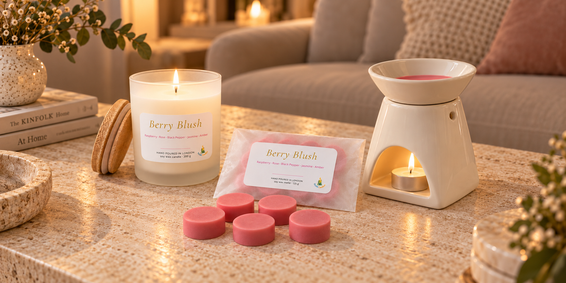 TickleCandles Berry Blush soy candle with wax melts and ceramic wax melt burner