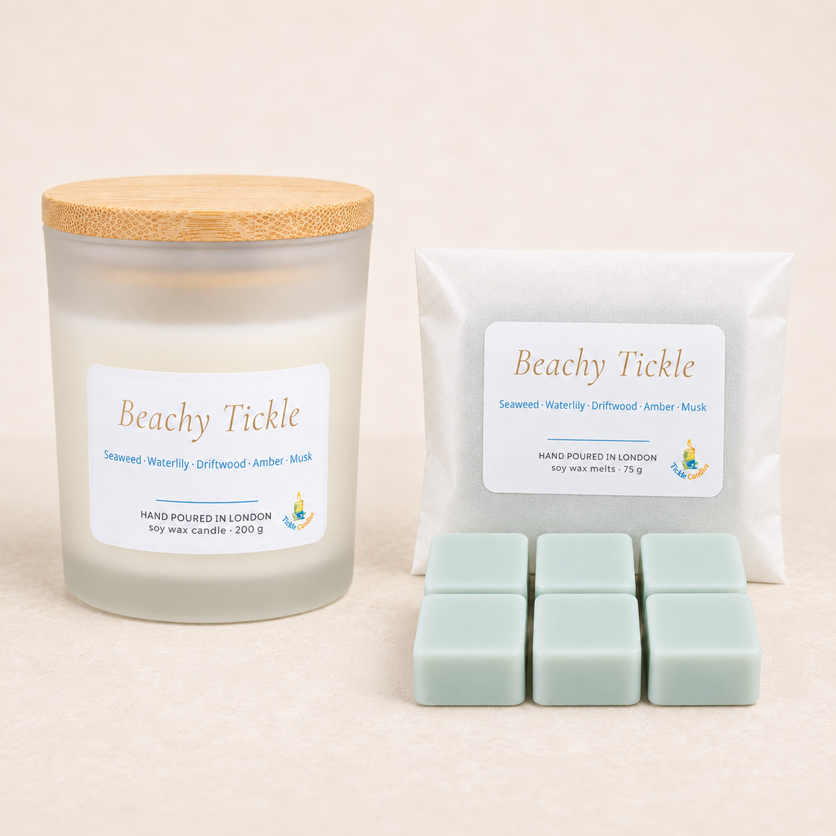 Beachy Tickle 200g soy candle with 75g pack of six pale green square wax melts