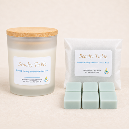 Beachy Tickle 200g soy candle with 75g pack of six pale green square wax melts