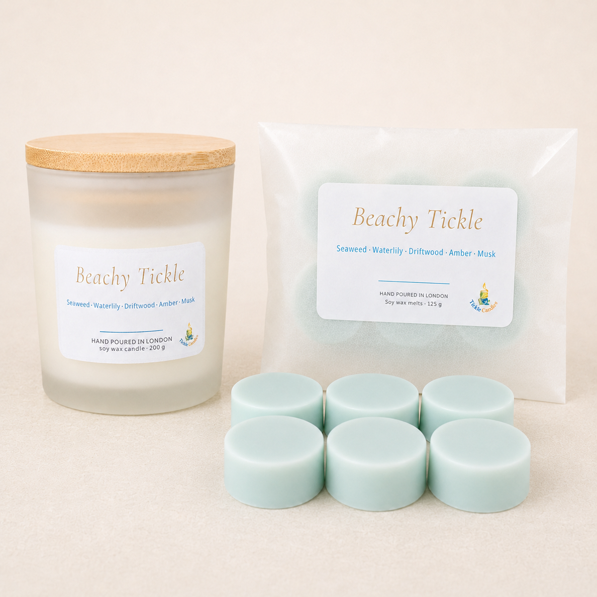 Beachy Tickle 200g soy candle with 125g pack of six pale green round wax melts