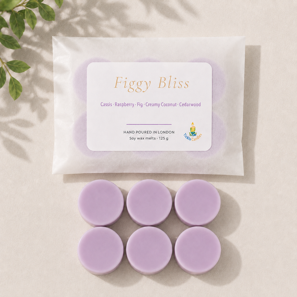 Figgy Bliss 125g pack of six lilac round soy wax melts arranged below their 