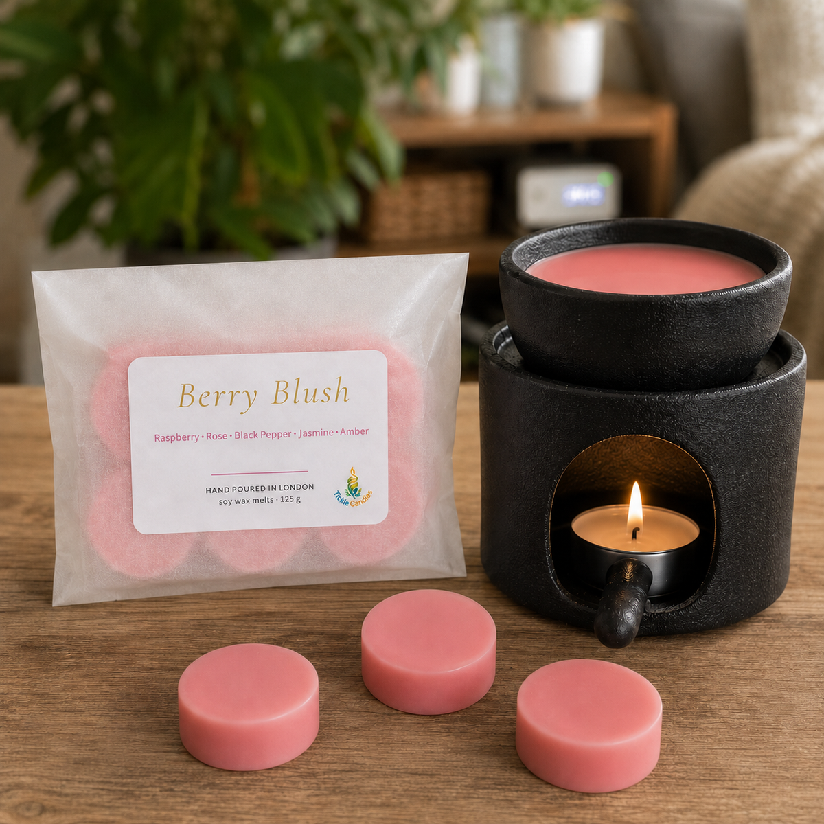 Berry Blush 125g soy wax melts with their pouch beside a black burner, with pink wax warming above a lit tealight.