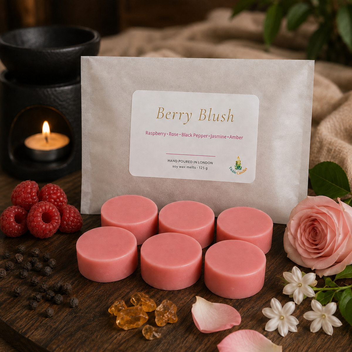 Six pink Berry Blush 125g soy wax melts with their pouch beside a lit black burner, raspberries, peppercorns and a rose.