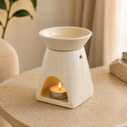Beige tapered ceramic wax melt burner on a stone table with pale wax melting in the dish above a lit tealight.
