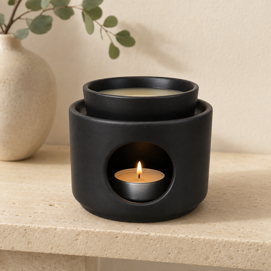Black two-piece ceramic wax melt burner in use on a stone shelf, with melted wax above a lit tealight and a vase of greenery.