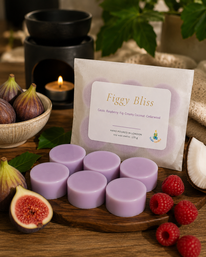 Figgy Bliss 125g pack of six lilac round soy wax melts displayed with figs, raspberries, coconut and a lit black wax burner.