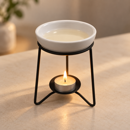 Wax melt burner on a black stand with a lit tealight and pale melted wax