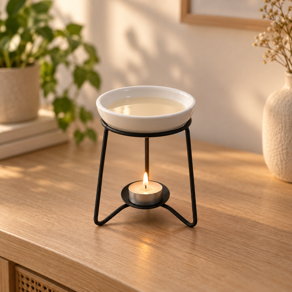 White ceramic wax melt burner with a lit tealight on a warm wooden console