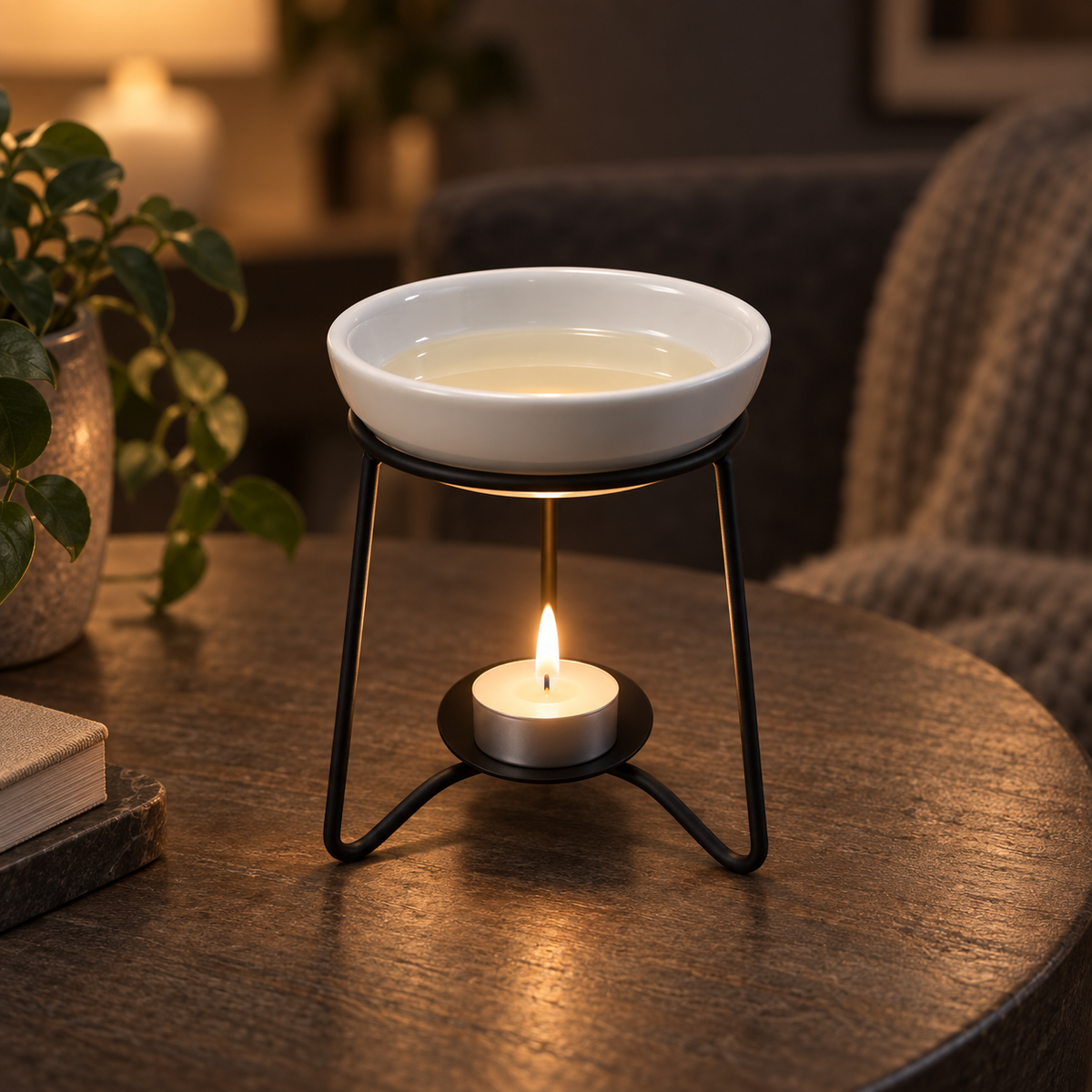 White ceramic wax melt burner glowing in a cosy evening living room